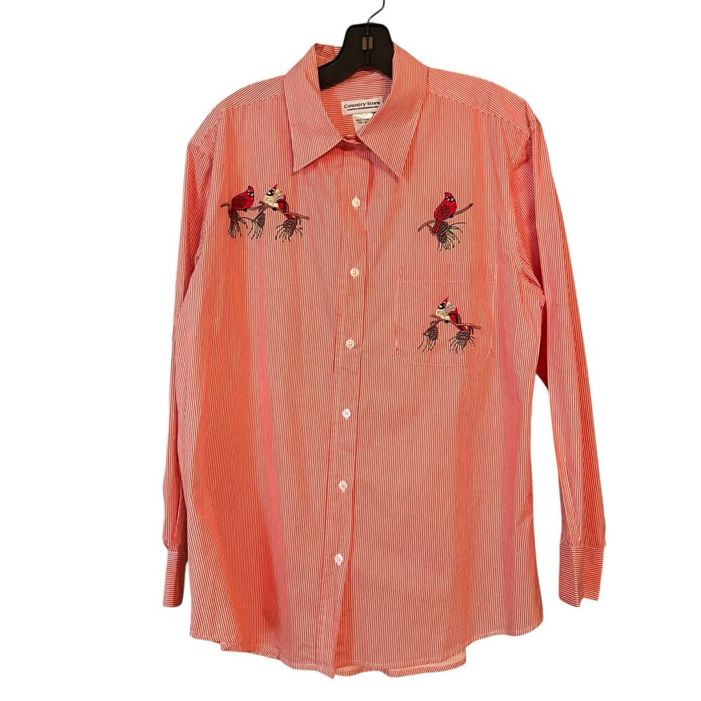 Country Store Catalog Red Striped Shirt M Embroidered Cardinals Cotton Birds
